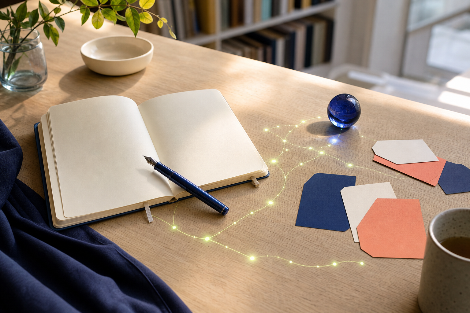 A notebook, prompt cards, and a trail of light connecting ideas on a warm learning table