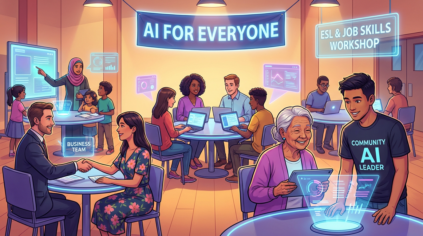 Diverse group of people learning AI together in a colorful digital classroom